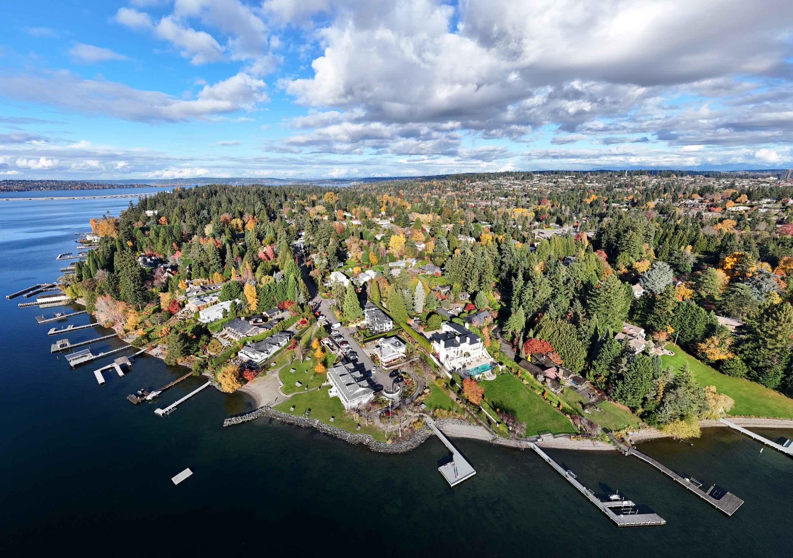Aerial view of Medina waterfront estates on Lake Washington