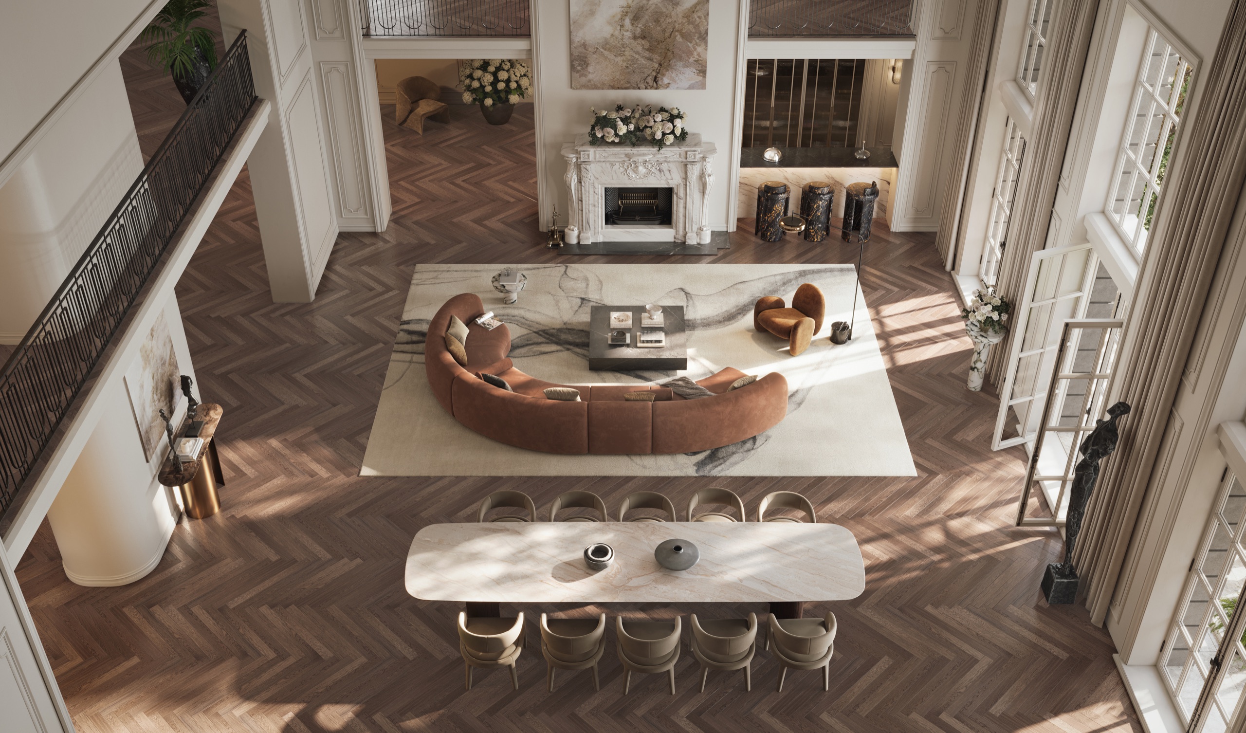 An elegant living room with marble fireplace